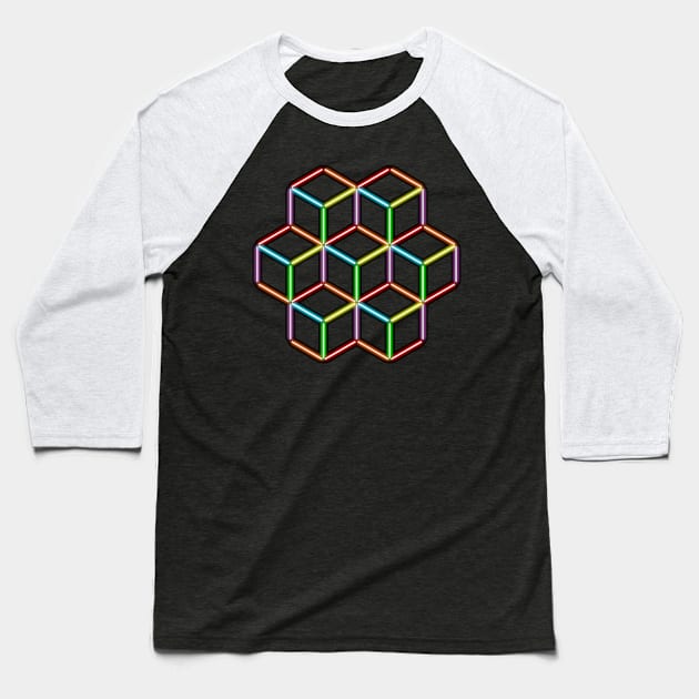 Rainbow Neon Cubes on Black Baseball T-Shirt by gkillerb